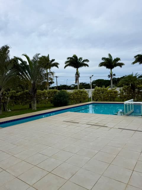 Piscina de água azul e limpa ao lado de um piso claro, com palmeiras ao fundo.